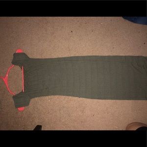 Green straight across neckline dress.